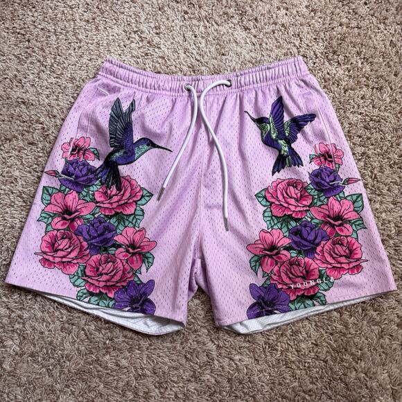 YoungLA Shorts Men’s Size Medium Block Party Gym Mesh Floral Hummingbirds Pink - Picture 1 of 7
